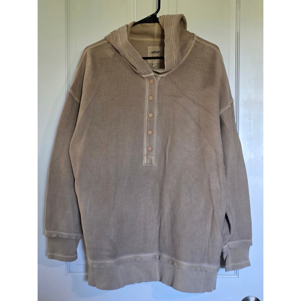 Aerie Womens Small Oversized Corded Henley Hoodie Tan Beige Cotton Pullover
